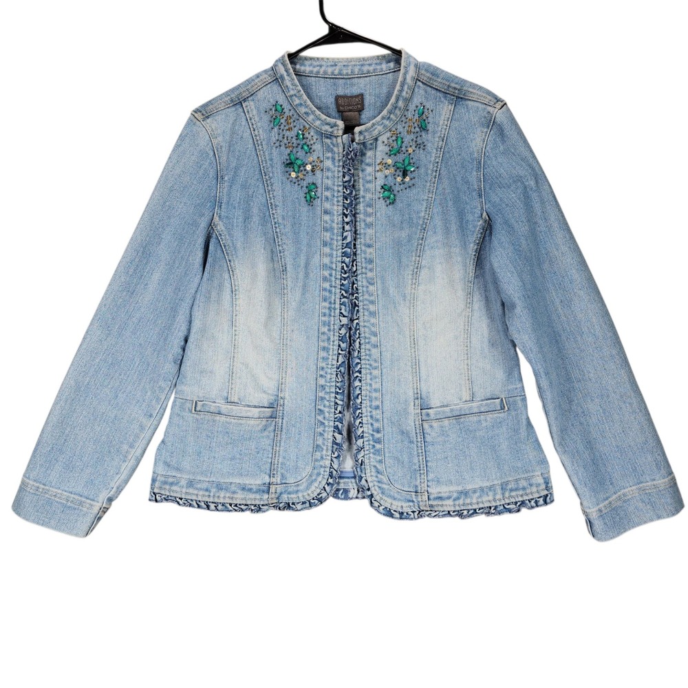 Additions Chicos Denim Jean Jacket sz 1 M 8 Women Embellished Faded Blue Sequins